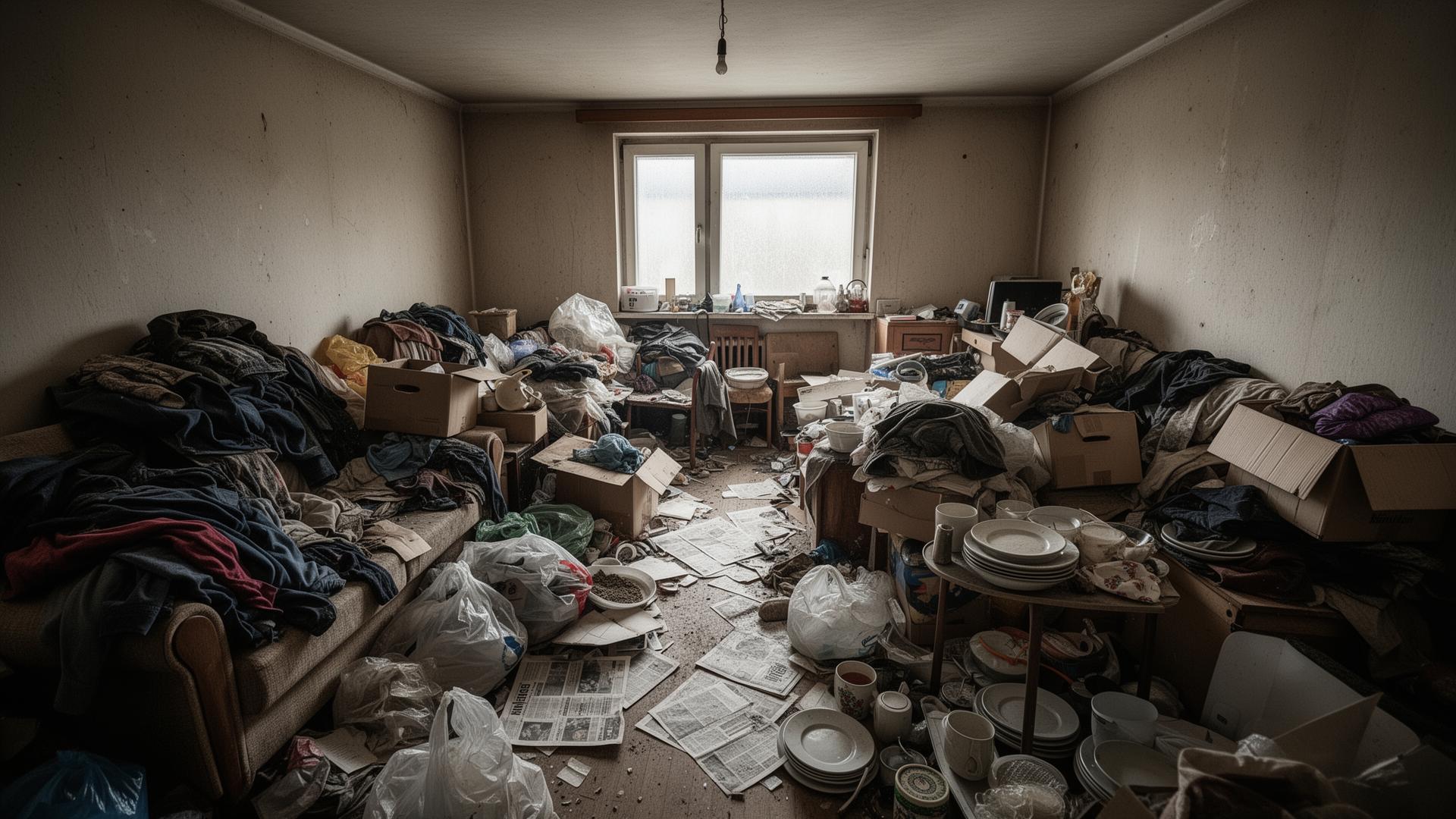 Vollgestellte Messi-Wohnung vor der Entrümpelung
